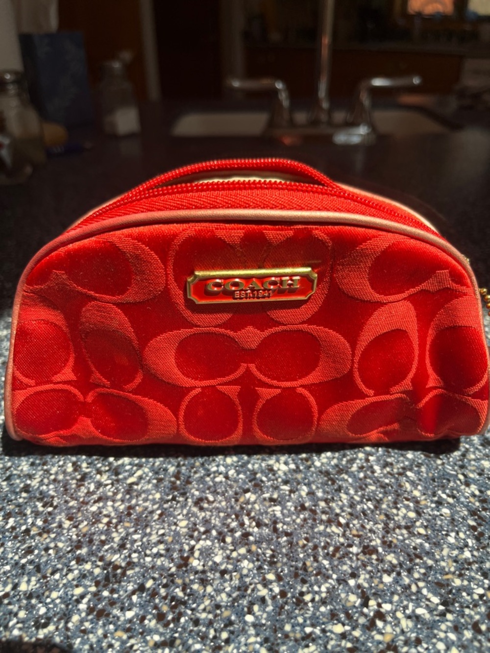 Coach Red Signature Jacquard Cosmetic Case with Gold Plaque